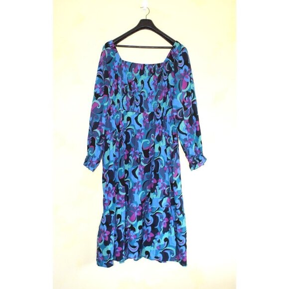 Terra & Sky Multicolor Blue Peasant Midi Dress Plus 4X Square Neck Long Sleeves - Picture 11 of 12
